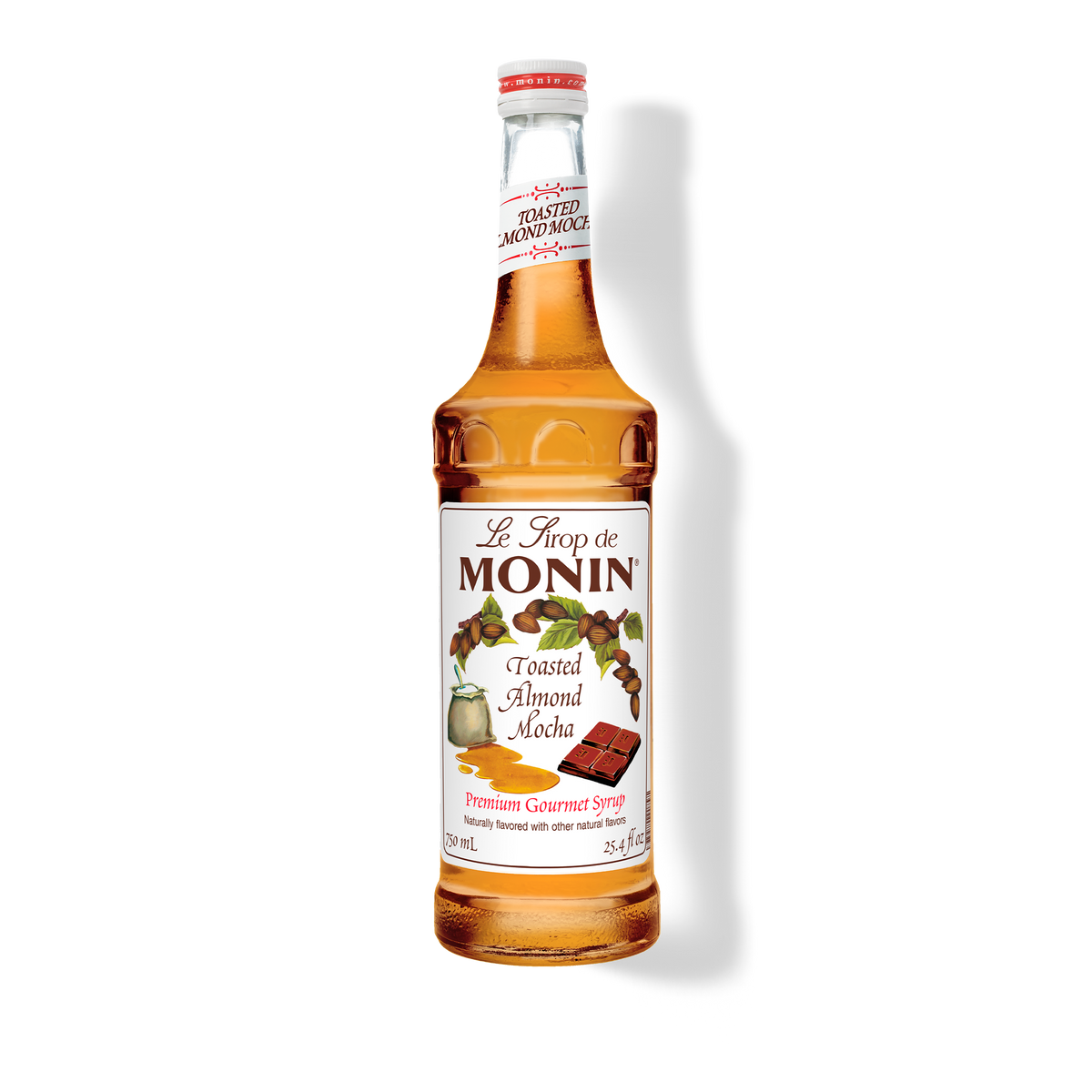 A bottle of Monin Toasted Almond Mocha Syrup with a label showing the brand name and the flavor, placed against a white background.
