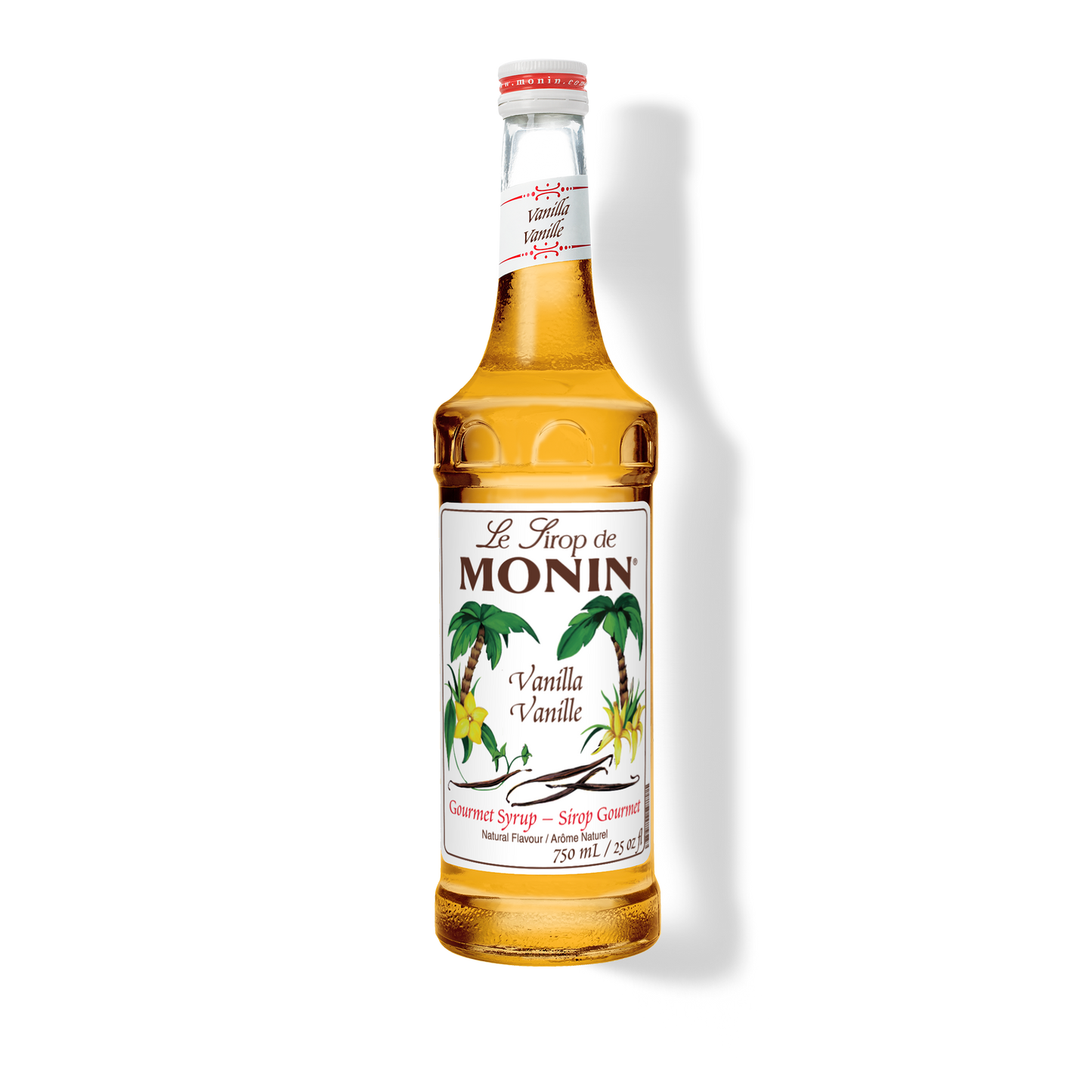 A 750mL-bottle of Monin Vanilla Syrup with a label showing the brand name and the flavor, placed against a white background.
