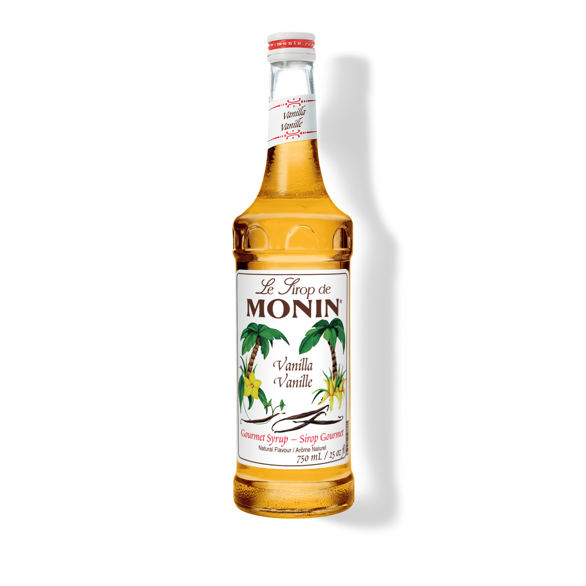 A 750mL-bottle of Monin Vanilla Syrup with a label showing the brand name and the flavor, placed against a white background.
