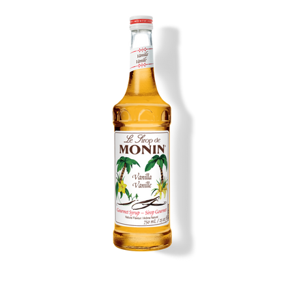 A 750mL-bottle of Monin Vanilla Syrup with a label showing the brand name and the flavor, placed against a white background.

