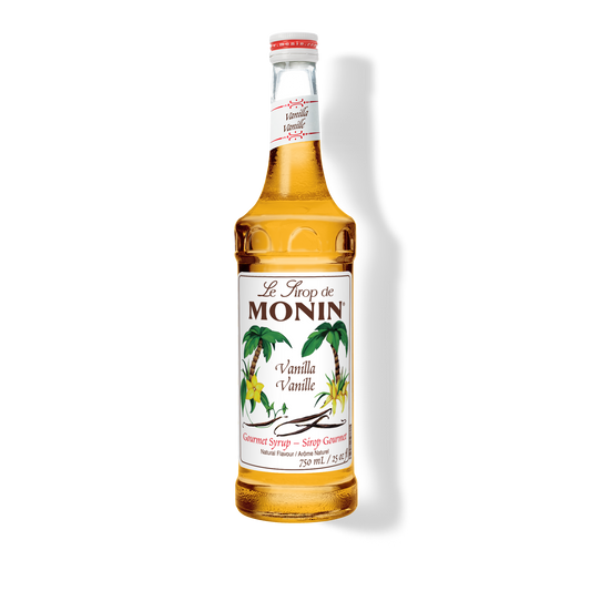 A 750mL-bottle of Monin Vanilla Syrup with a label showing the brand name and the flavor, placed against a white background.

