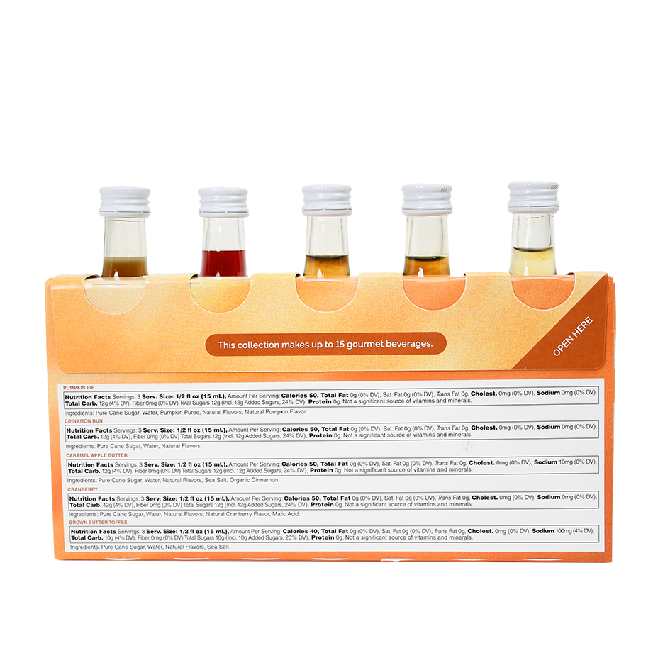 Back of Monin Autumn Collection sample pack with nutrition facts for five seasonal syrup flavours