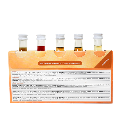 Back of Monin Autumn Collection sample pack with nutrition facts for five seasonal syrup flavours