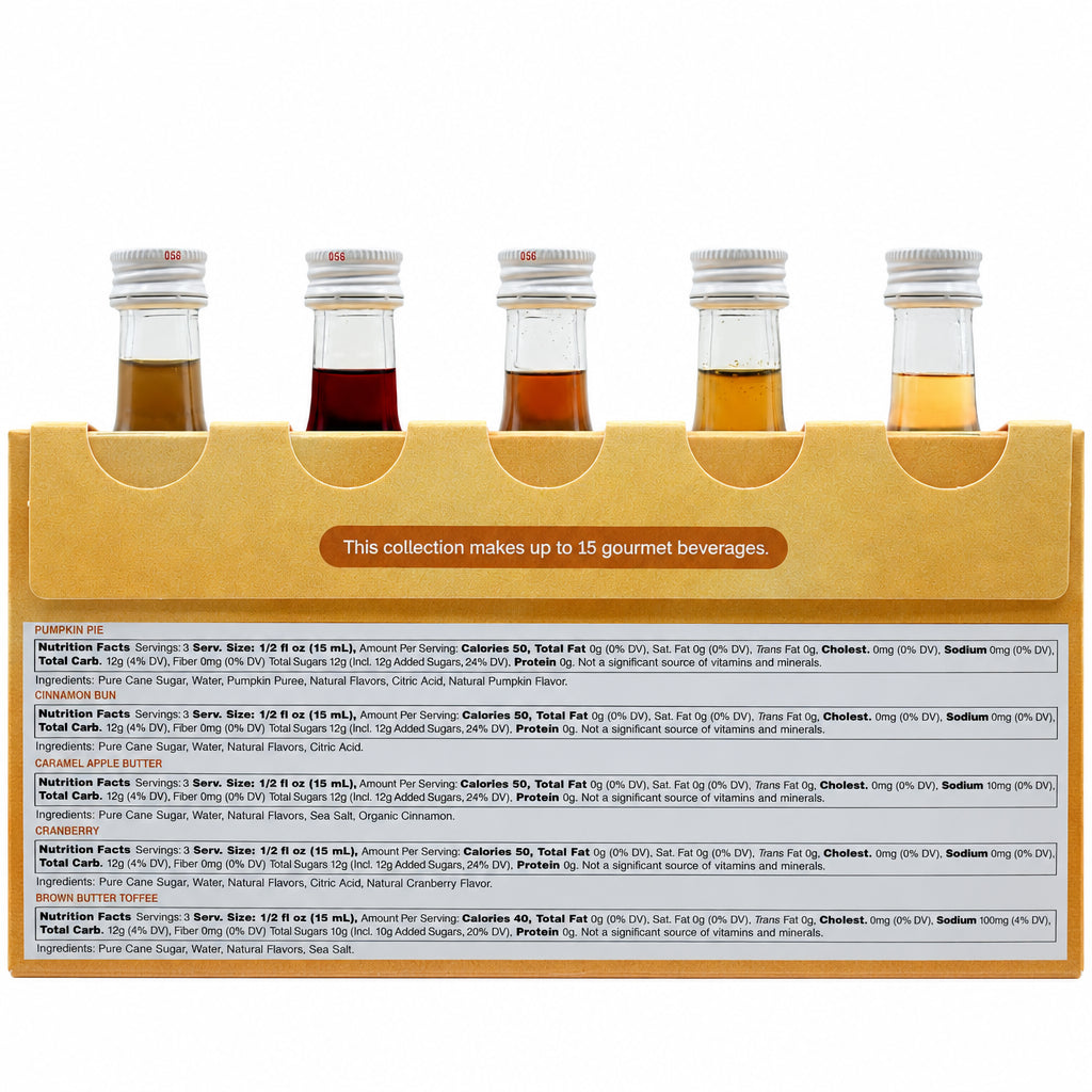 Back of Monin Autumn Collection sample pack with nutrition facts for five seasonal syrup flavours
