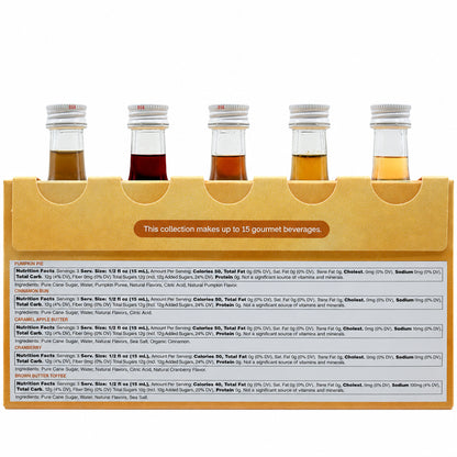 Back of Monin Autumn Collection sample pack with nutrition facts for five seasonal syrup flavours