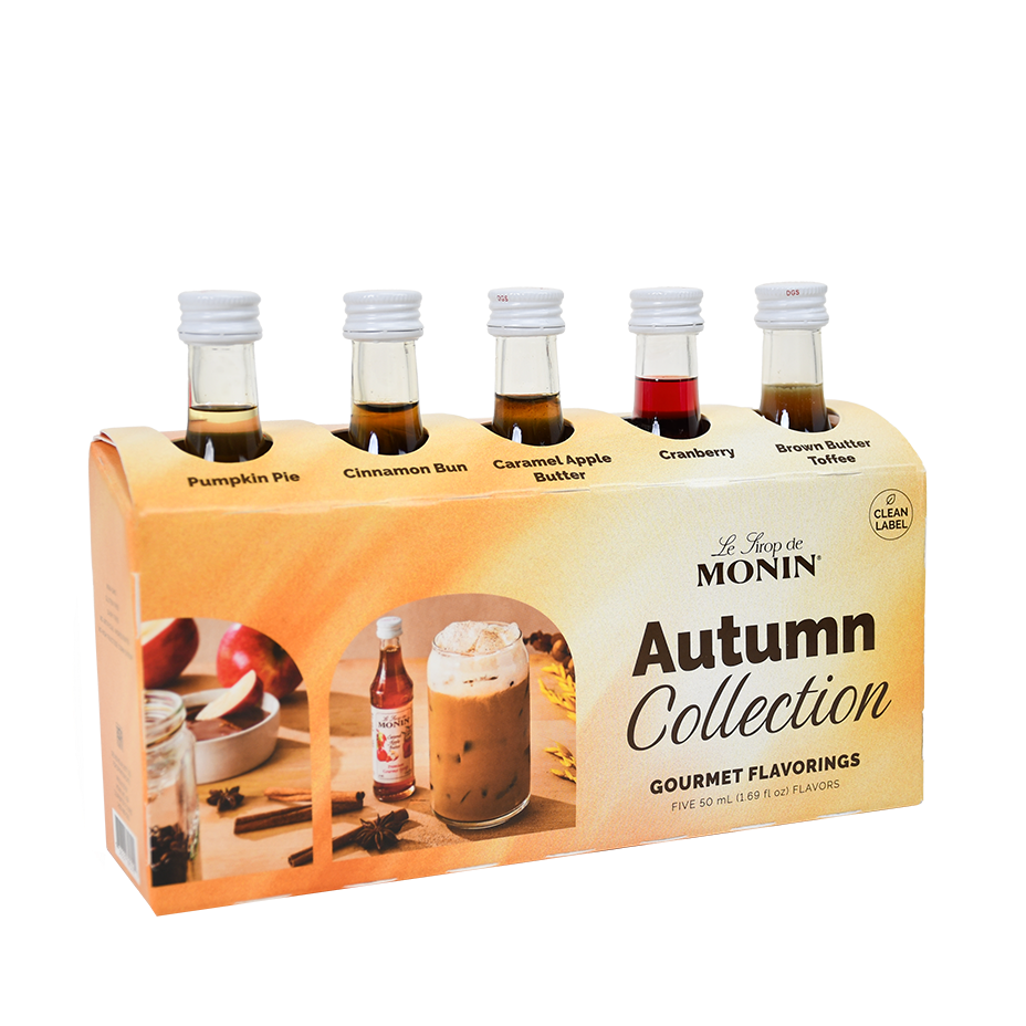 Monin Autumn Collection sample pack with Pumpkin Pie, Cinnamon Bun, Caramel Apple Butter, Cranberry and Brown Butter Toffee mini bottles