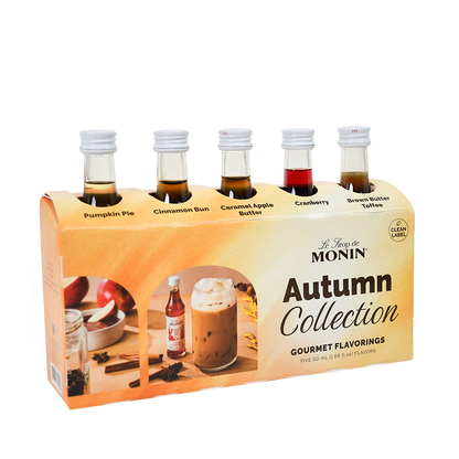 Monin Autumn Collection sample pack with Pumpkin Pie, Cinnamon Bun, Caramel Apple Butter, Cranberry and Brown Butter Toffee mini bottles