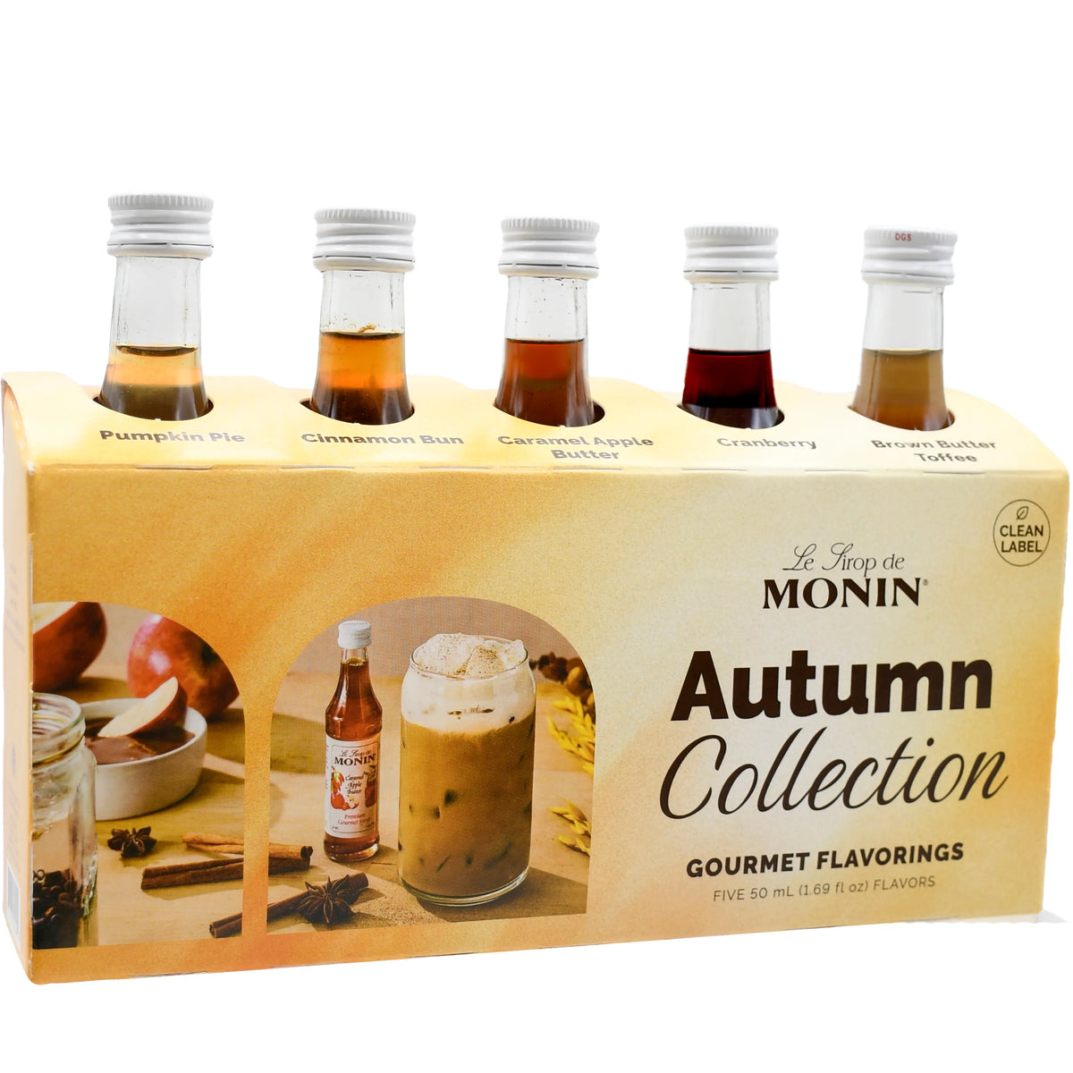 Monin Autumn Collection sample pack with Pumpkin Pie, Cinnamon Bun, Caramel Apple Butter, Cranberry and Brown Butter Toffee mini bottles
