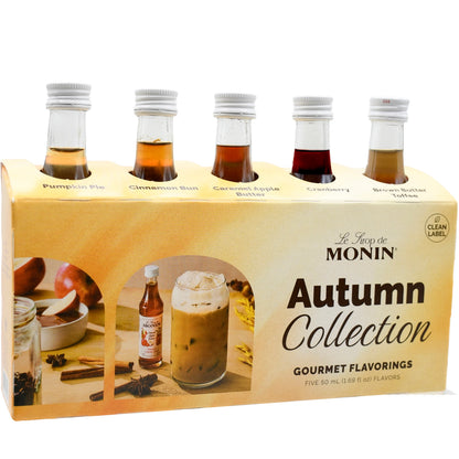 Monin Autumn Collection sample pack with Pumpkin Pie, Cinnamon Bun, Caramel Apple Butter, Cranberry and Brown Butter Toffee mini bottles