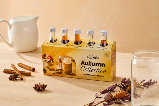 Monin Autumn Collection sample pack with five fall syrup flavours, cinnamon sticks and star anise