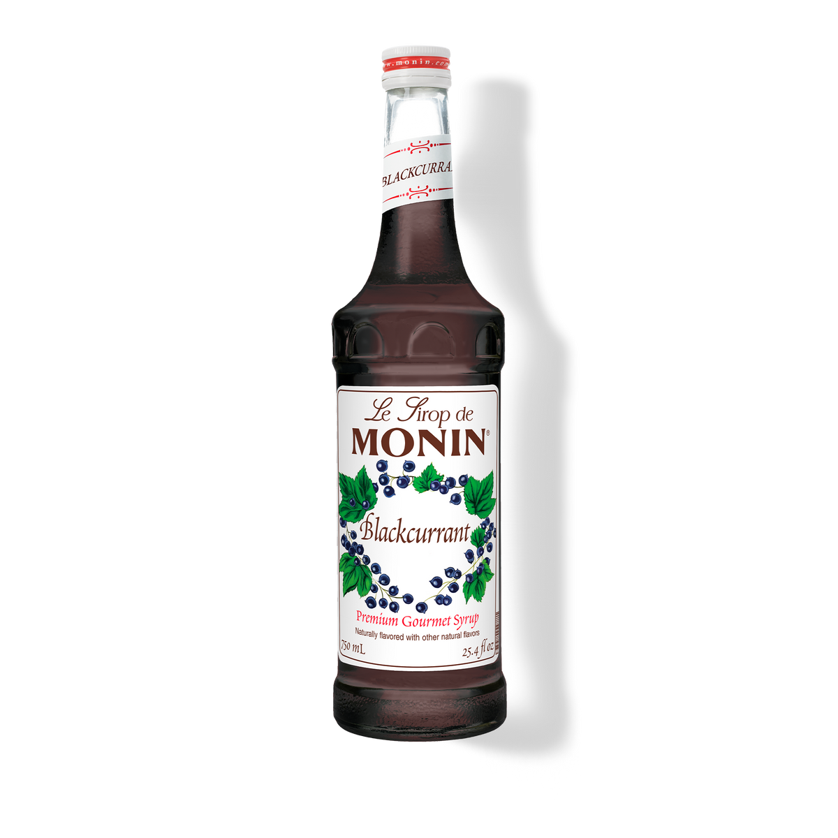 A bottle of Monin Blackcurrant Syrup with a label showing the brand name and the flavor, set against a white background.