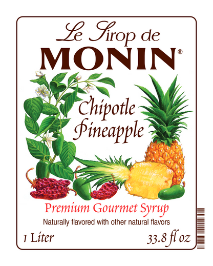 Monin Chipotle Pineapple Syrup label with pineapple, chipotle peppers and green leaves