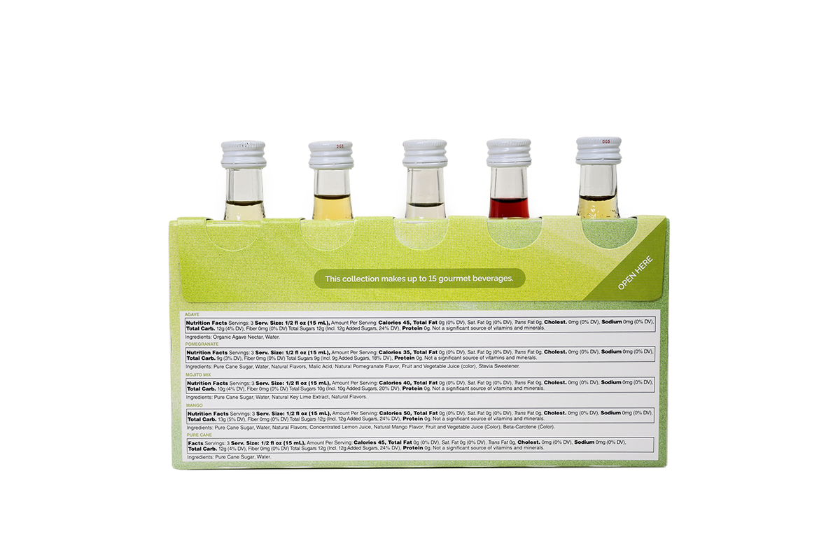 Back of Monin Cocktail Collection five-pack with nutrition facts and five mini syrup bottles