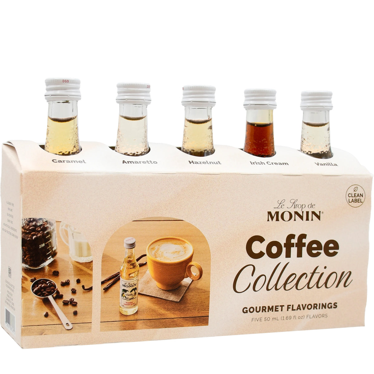 Monin Coffee Collection sample pack with five mini bottles in Caramel, Amaretto, Hazelnut, Irish Cream and Vanilla