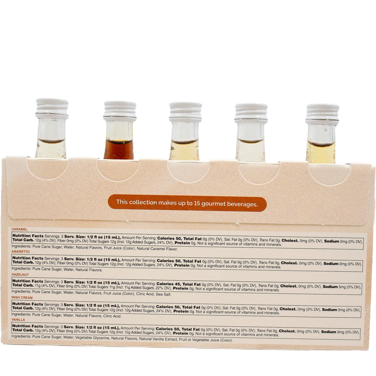 Back of Monin Coffee Collection sample pack with nutrition facts for five mini syrup flavours