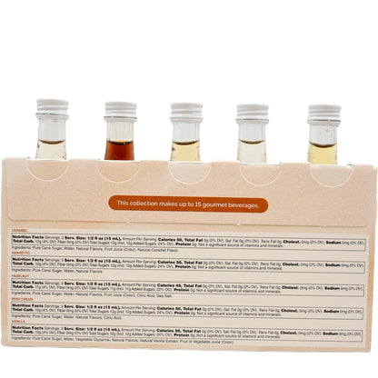 Back of Monin Coffee Collection sample pack with nutrition facts for five mini syrup flavours