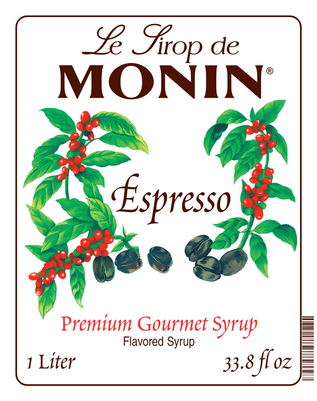 Monin Espresso Syrup 1 L label with coffee plant and roasted coffee bean illustrations
