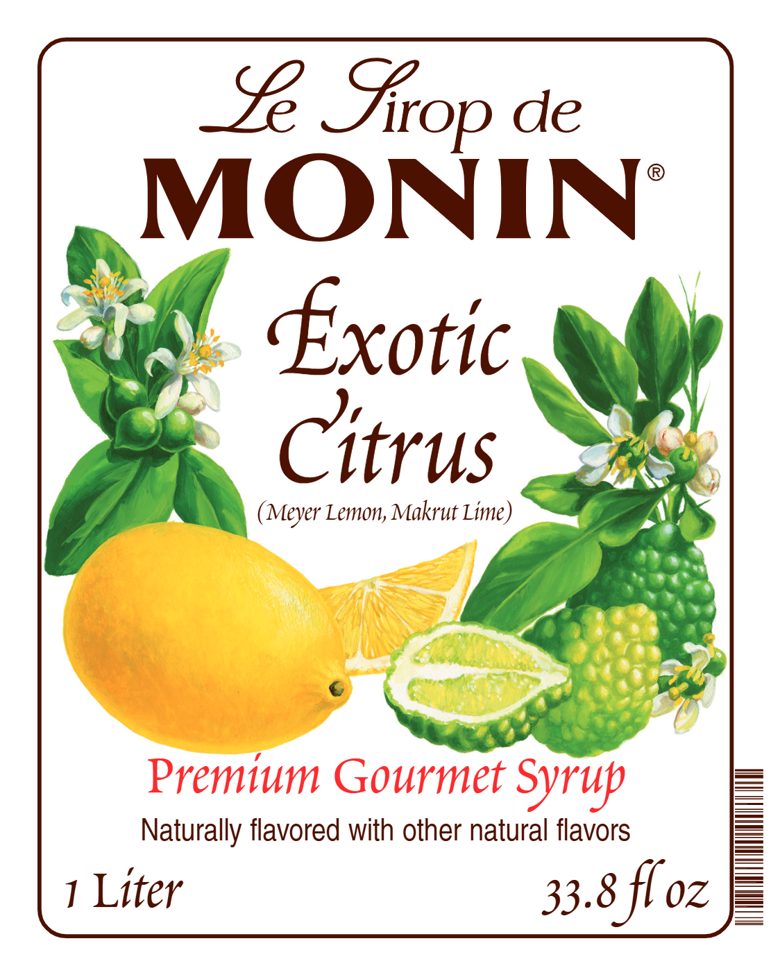A 1L bottle label of Monin Exotic Citrus Syrup, featuring the brand name and flavour, placed against a white background. 