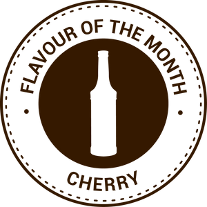 A circular brown and white graphic with the text 'FLAVOUR OF THE MONTH' around the top and 'CHERRY' at the bottom, with a white bottle silhouette centered inside a dark brown circle.