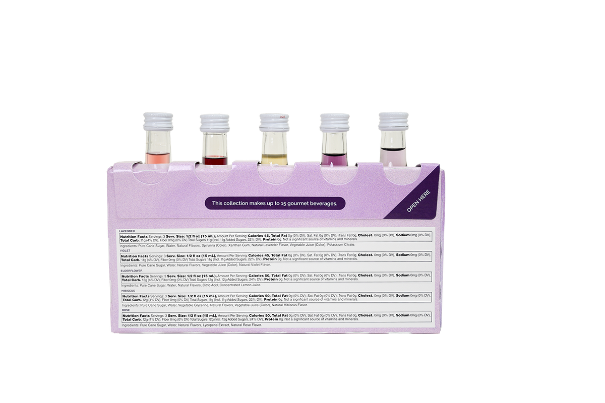 Back of Monin Floral Collection sample pack with nutrition facts and five mini floral syrup bottles