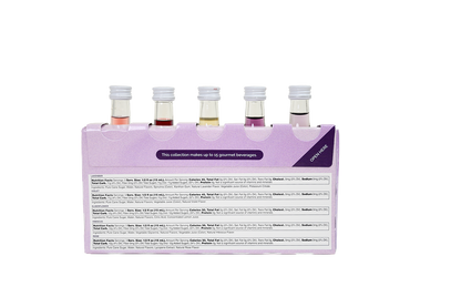 Back of Monin Floral Collection sample pack with nutrition facts and five mini floral syrup bottles