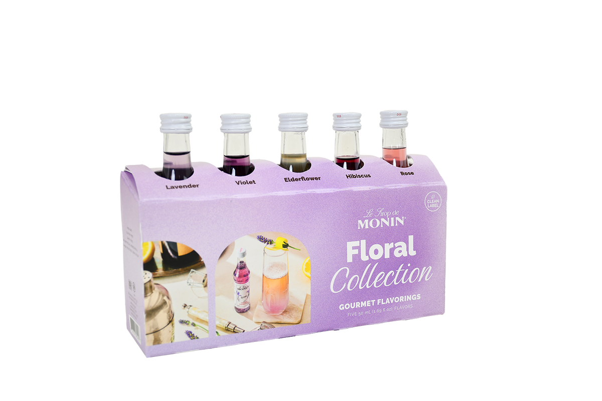 Monin Floral Collection sample pack with Lavender, Violet, Elderflower, Hibiscus and Rose mini bottles