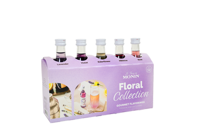 Monin Floral Collection sample pack with Lavender, Violet, Elderflower, Hibiscus and Rose mini bottles