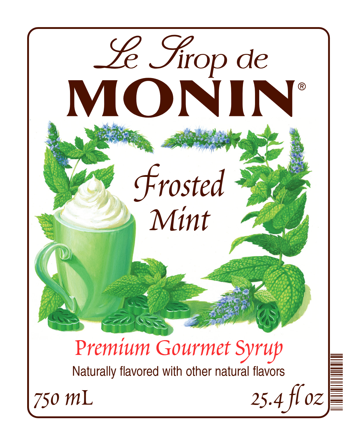 Front label of Monin Frosted Mint Syrup, featuring the brand name and flavour, placed against a white background.