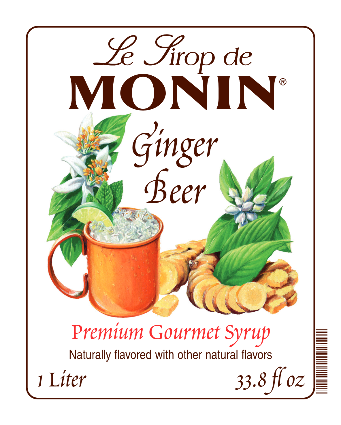 A 1L bottle label of Monin Ginger Beer Syrup, featuring the brand name and flavour, placed against a white background.