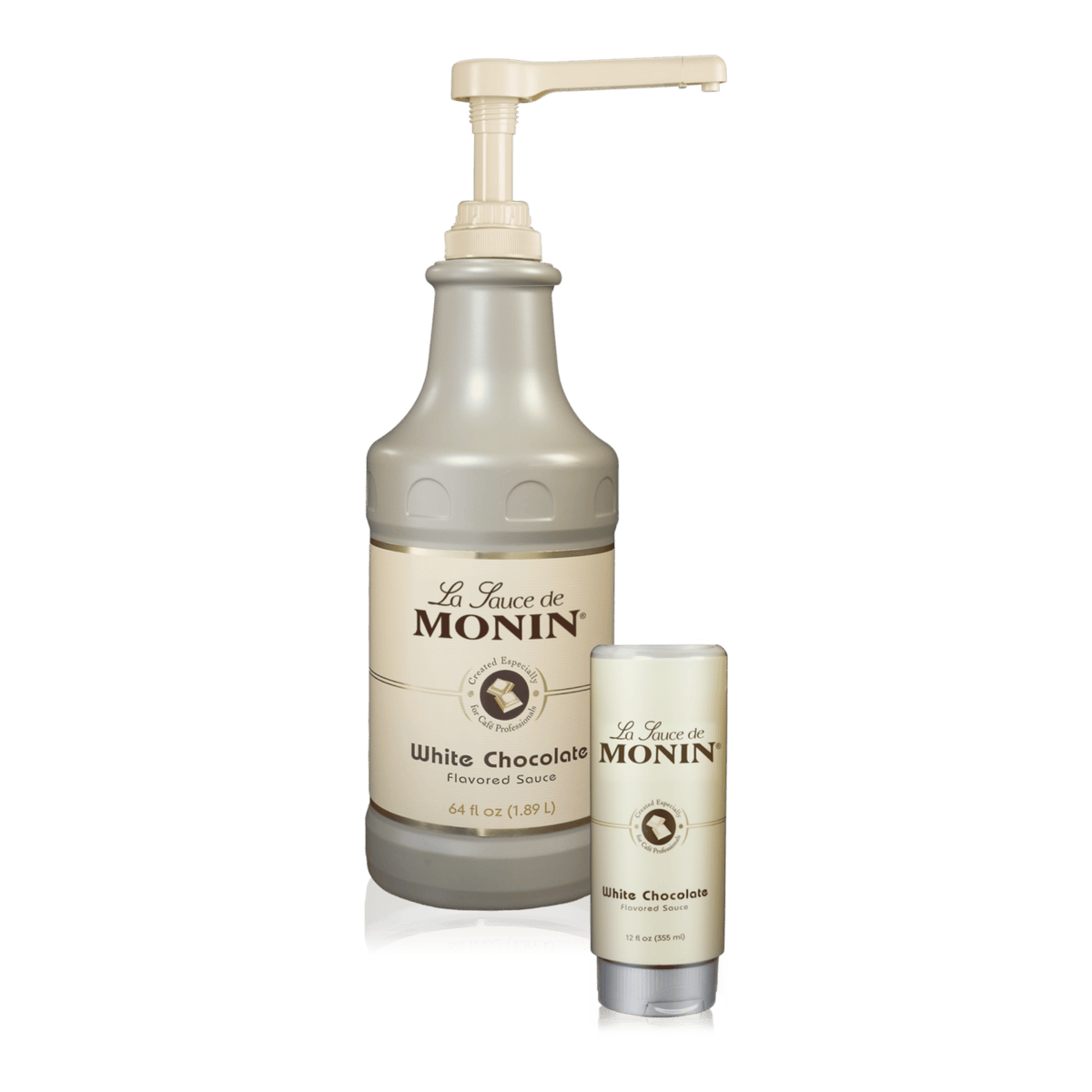 Bottle of Monin White Chocolate Sauce beside a 12oz squeeze bottle of the same flavour.