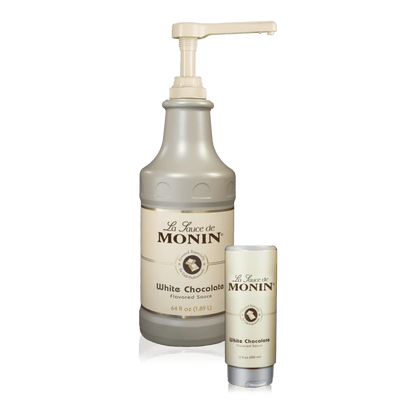 Bottle of Monin White Chocolate Sauce beside a 12oz squeeze bottle of the same flavour.