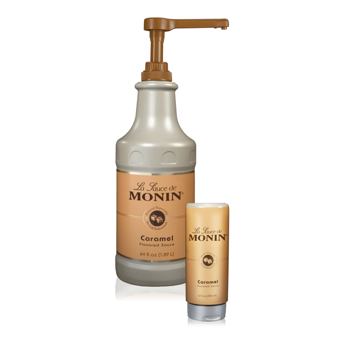 A bottle of Monin Caramel Sauce beside a 12oz squeeze bottle of Monin Caramel Sauce 