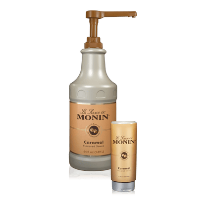 A bottle of Monin Caramel Sauce beside a 12oz squeeze bottle of Monin Caramel Sauce 