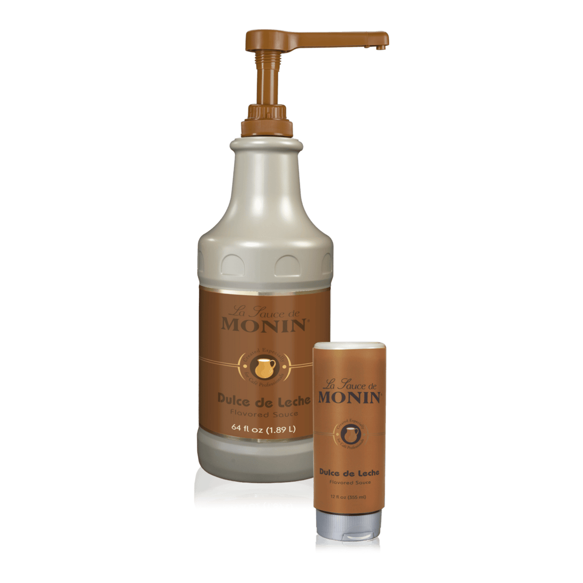 A bottle of Monin Dulce de Leche Sauce beside a 12oz squeeze bottle of the flavour.