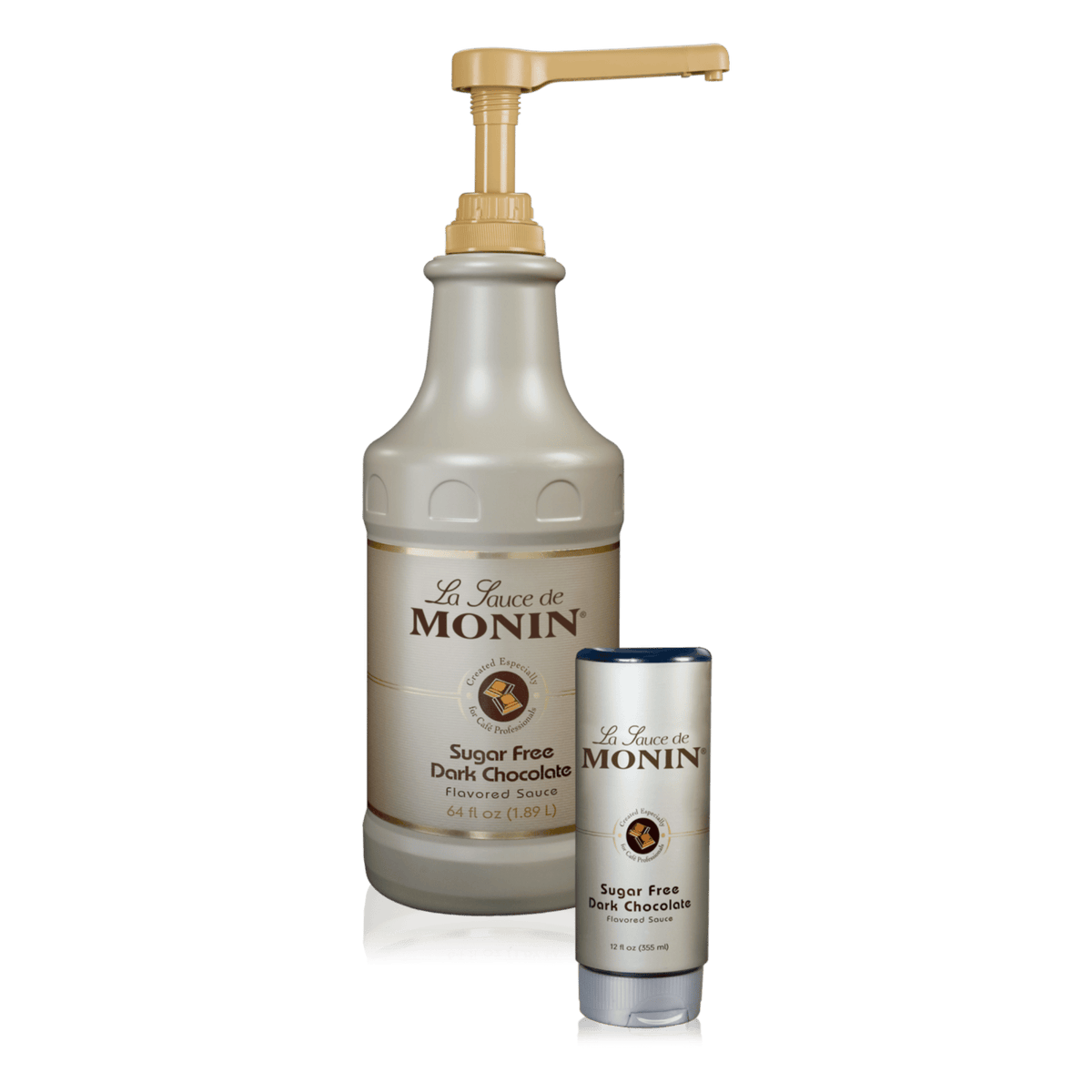 Two bottles of Monin Sugar Free Dark Chocolate Sauce, one 64oz and one 12oz squeeze bottle.