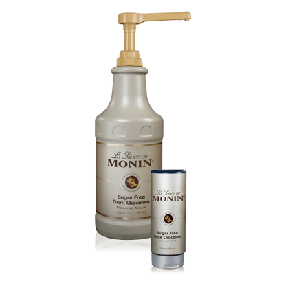 Two bottles of Monin Sugar Free Dark Chocolate Sauce, one 64oz and one 12oz squeeze bottle.