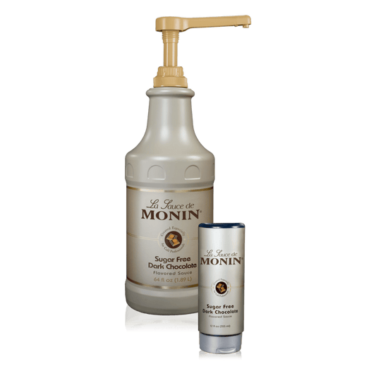 Two bottles of Monin Sugar Free Dark Chocolate Sauce, one 64oz and one 12oz squeeze bottle.
