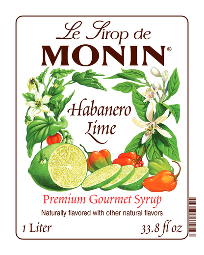 Front label of Monin Habanero Lime Syrup, featuring the brand name and flavour, placed against a white background
