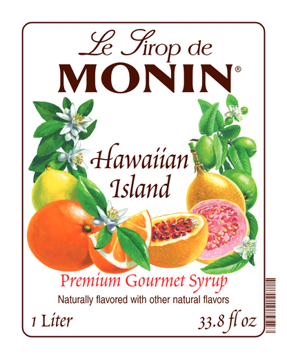 A 1L front label of Monin Hawaiian Island Syrup, featuring the brand name and flavour, placed against a white background
