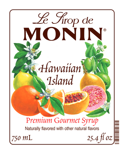 A 750mL front label of Monin Hawaiian Island Syrup, featuring the brand name and flavour, placed against a white background
