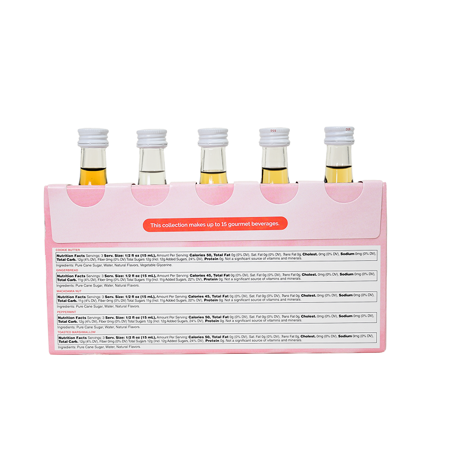 Back of Monin Holiday Collection sample pack with nutrition facts and five mini holiday syrup bottles