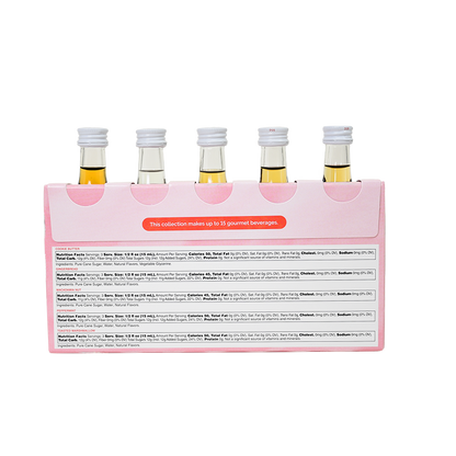 Back of Monin Holiday Collection sample pack with nutrition facts and five mini holiday syrup bottles