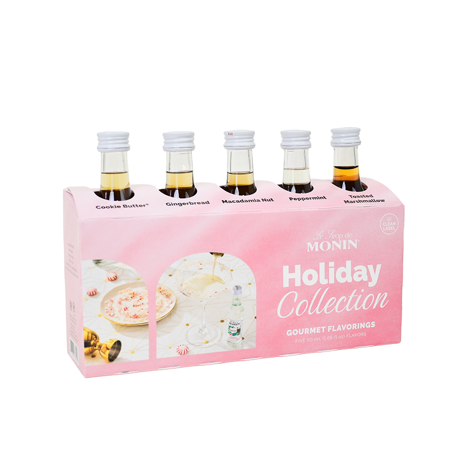 Monin Holiday Collection sample pack with Cookie Butter, Gingerbread, Macadamia Nut, Peppermint and Toasted Marshmallow mini bottles