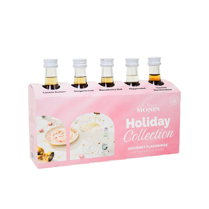 Monin Holiday Collection sample pack with Cookie Butter, Gingerbread, Macadamia Nut, Peppermint and Toasted Marshmallow mini bottles