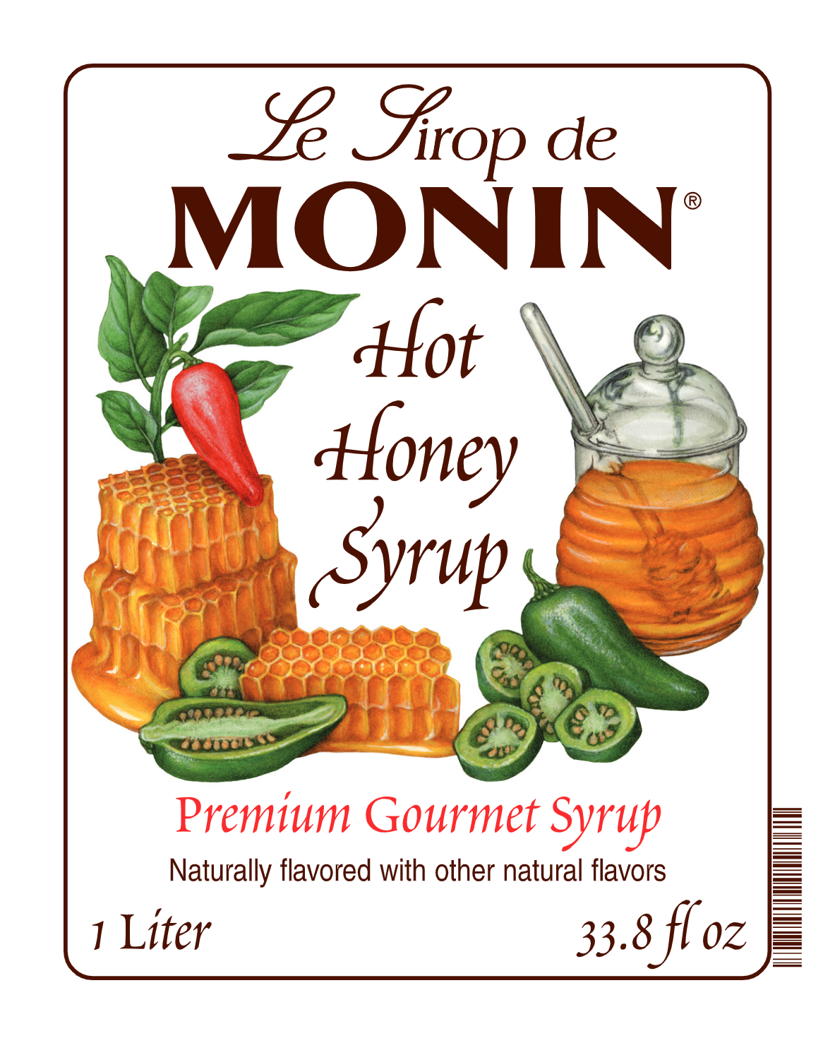 A 1L front label of Monin Hot Honey Syrup, featuring the brand name and flavour, placed against a white background