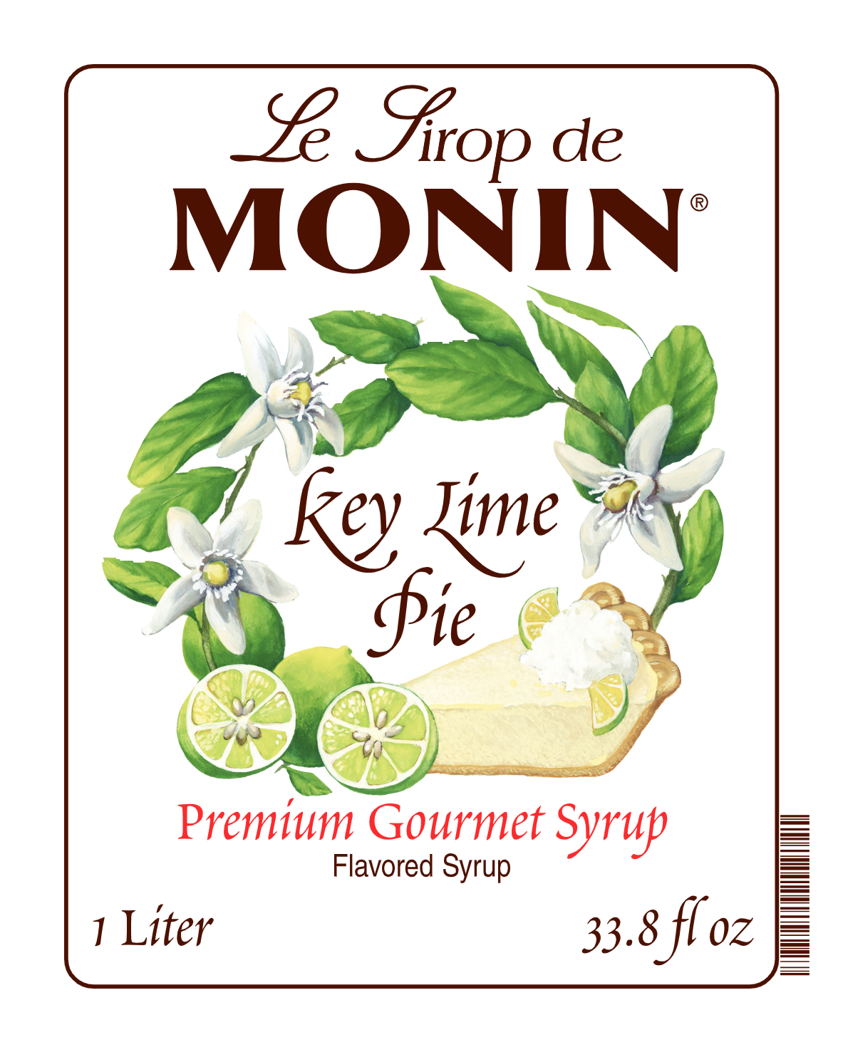A 1L front label of Monin Key Lime Pie Syrup, featuring the brand name and flavour, placed against a white background.