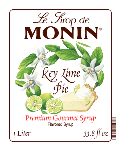 A 1L front label of Monin Key Lime Pie Syrup, featuring the brand name and flavour, placed against a white background.