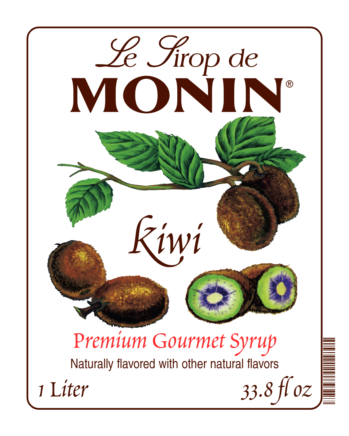 Front label of Monin Kiwi Syrup, featuring the brand name and flavour, placed against a white background