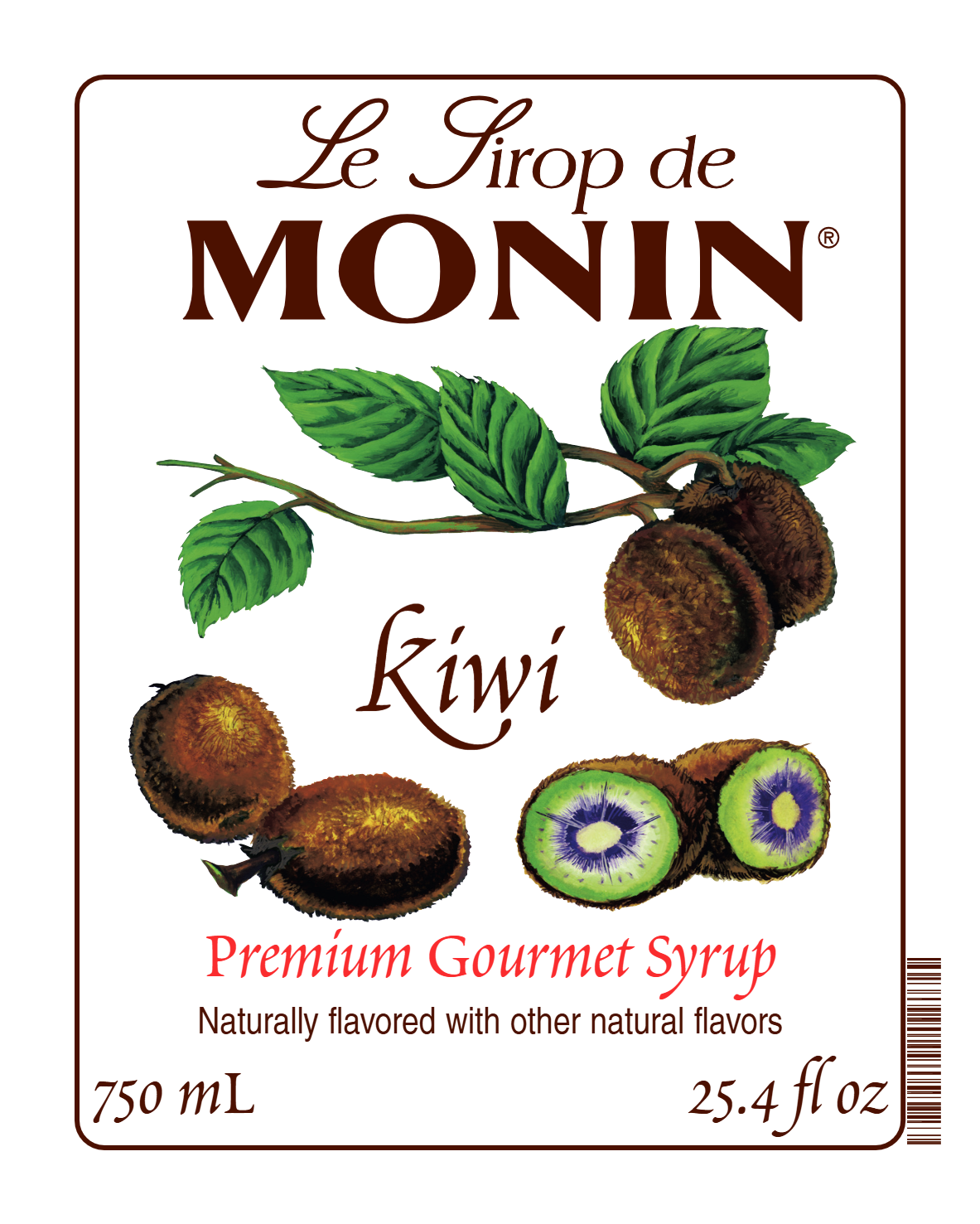 Front label of Monin Kiwi Syrup, featuring the brand name and flavour, placed against a white background