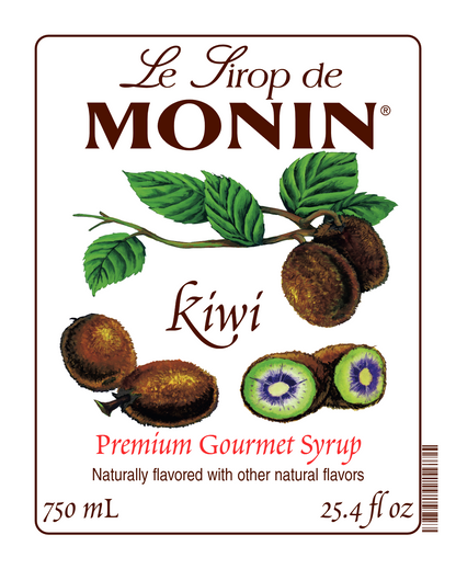 Front label of Monin Kiwi Syrup, featuring the brand name and flavour, placed against a white background